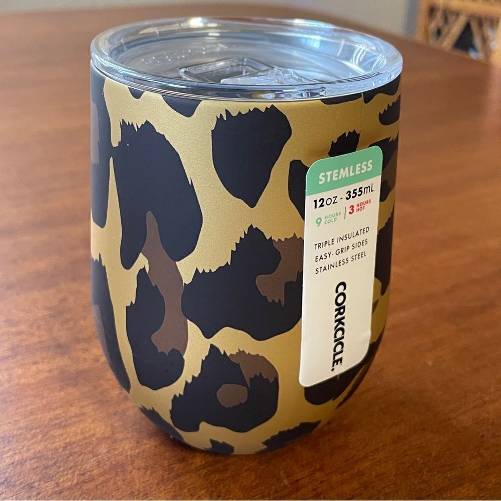 NWT CORKCICLE Stemless 12oz Insulated Cup 355ml Luxe Leopard Brown Black Gold